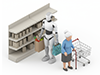 スーパーでおばあさんの買い物に付き添い荷物を持っているロボットのフリーイラスト