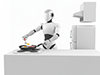 キッチンでフライパンを使ってベーコンエッグを料理しているロボットのフリーイラスト