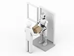 玄関で配達員から荷物を受け取るロボットの無料イラスト | フリー素材