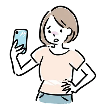 スマートフォンを見て困った表情の女性の無料イラスト