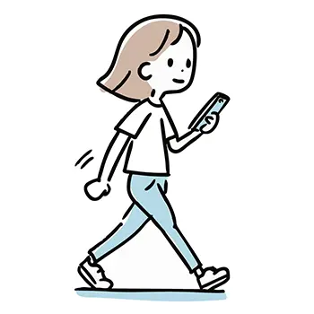 歩きながらスマートフォンを見る女性（横向き）の無料イラスト