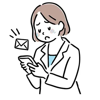 スマートフォンに届いた通知を見て困るスーツ姿の女性の無料イラスト