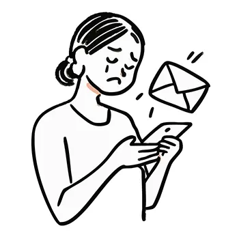 スマートフォンに届いたメール（通知）を見て泣いている女性の無料イラスト