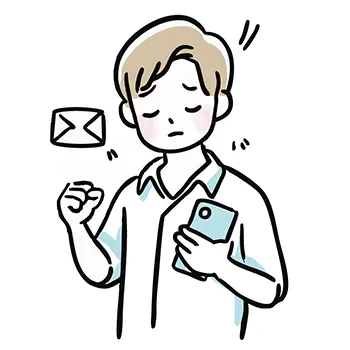 スマートフォンに届いた仕事のメールを見て落ち込む男性の無料イラスト