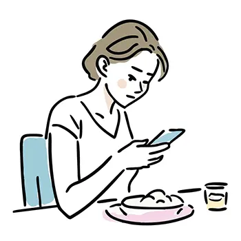 食事をしながらスマートフォンを操作する女性の無料イラスト