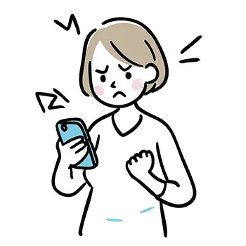 スマートフォンを見てイライラと怒る女性の無料イラスト