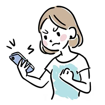スマートフォンを見て拳を握り怒る女性の無料イラスト