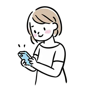 スマートフォンを両手で持って嬉しそうにはにかむ女性の無料イラスト