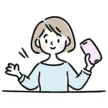 スマートフォンの画面を見せながら笑顔で紹介する女性の無料イラスト