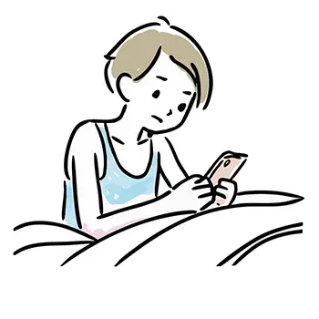 ベッドで寝ながらスマートフォンを操作するタンクトップ姿の男性の無料イラスト