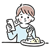食事をしながらスマートフォンを見て驚く男の子の無料イラスト