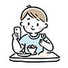 食事をしながらスマートフォンを笑顔で見る男の子の無料イラスト