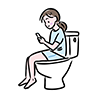 トイレの便座に座りながらスマートフォンを操作する女性の無料イラスト