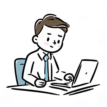 デスクワーク中にノートパソコンを見ながら難しい顔で考え込むスーツ姿の男性のフリーイラスト。