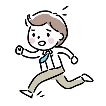 遅刻しそうで慌てた表情で全力疾走するスーツ姿のビジネスマンのフリーイラスト。