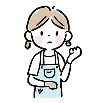 エプロンとゴム手袋をつけ、家事のトラブルで困った顔をしている女性(主婦)のフリーイラスト。