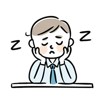 デスクで両手で頬杖をつき、疲れて居眠りをしているスーツ姿の男性(正面)のフリーイラスト。