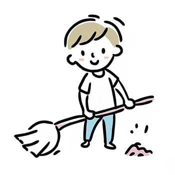 ほうきを両手で持ち、笑顔で楽しそうに床を掃き掃除している男の子(子供)のフリーイラスト。