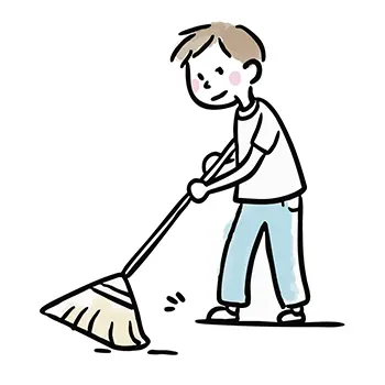 ほうきを使って熱心に地面を掃き掃除しているTシャツ姿の男性（男の子）のフリーイラスト。
