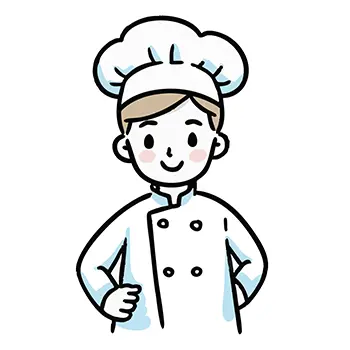 白いコックコートと帽子を着用し、腕を組んで自信のある笑顔を見せる男性シェフ（料理人）のフリーイラスト。