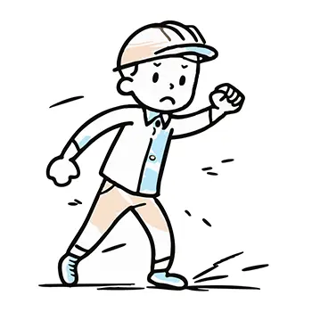 ヘルメットと作業着姿の男性作業員が、トラブル対応か何かで現場を慌てて走っているフリーイラスト。