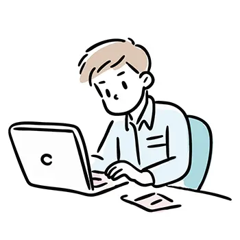 デスクでノートパソコンに向かい、真剣な表情で集中してキーボードを操作するシャツ姿の男性のフリーイラスト。