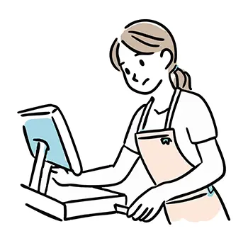 エプロンを着用した女性店員が、飲食店のレジ（POSシステム）の操作がわからず困った顔をしているフリーイラスト。