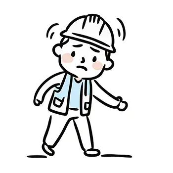 ヘルメットと作業ベストを着た男性作業員が、仕事終わりで疲れ果て、とぼとぼと力なく歩いているフリーイラスト。