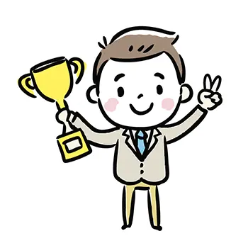 スーツ(ジャケット)を着たビジネスマンが、金色のトロフィーを片手に掲げ、笑顔でピースサインをしているフリーイラスト。