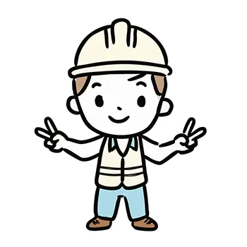 ヘルメットと作業ベストを着た男性作業員が、両手でピースサインを作り、元気な笑顔を見せているフリーイラスト。