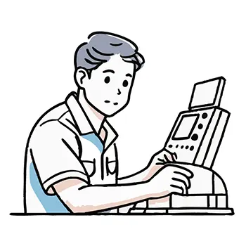 工場で専門的な機械（制御パネル）を真剣な表情で操作するポロシャツ姿の男性作業員のフリーイラスト。