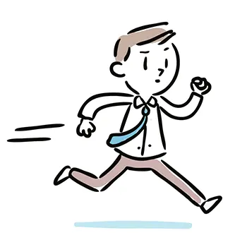シャツとネクタイ姿のビジネスマンが、緊急の用事か何かで真剣な(焦った)表情で全力疾走しているフリーイラスト。