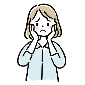何か大きなショックを受け、または肌トラブルで悩み、両手で頬に触れて落ち込んでいる女性のフリーイラスト。