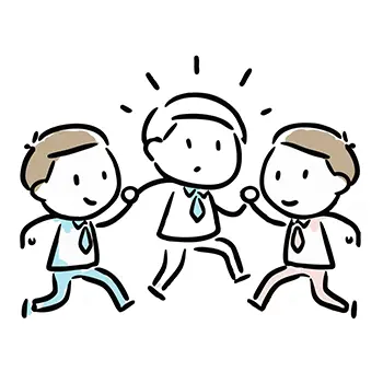 中央の男性がアイデアをひらめき、両脇の2人の同僚が喜んで駆け寄ってくる、3人のビジネスマン(チームワーク)のフリーイラスト。