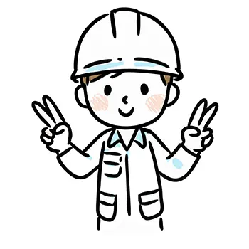 ヘルメットと作業着姿の男性作業員が、両手でピースサイン(Vサイン)を作り、元気な笑顔を見せている線画風のフリーイラスト。
