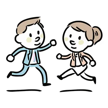 スーツ姿の男性ビジネスマンと女性ビジネスウーマンが、笑顔で楽しそうに並んで走っている（チームワーク）フリーイラスト。