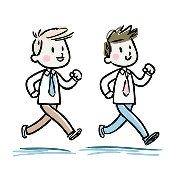 シャツとネクタイ姿の男性ビジネスマン2人が、同僚と楽しそうに笑顔で並んで歩いている（通勤している）フリーイラスト。