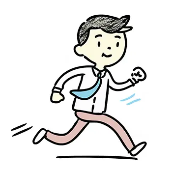 シャツとネクタイ姿のデフォルメされたビジネスマンが、やる気に満ちた笑顔で元気よく走っているフリーイラスト。