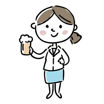 スーツ（ジャケットとスカート）姿のビジネスウーマンが、仕事終わりの飲み会でビールジョッキを片手に持ち、笑顔で立っているフリーイラスト。