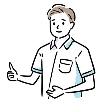 ポロシャツ姿の男性スタッフ（介護士・作業員など）が、誠実な笑顔でサムズアップ（いいね！・OKサイン）をしているフリーイラスト。