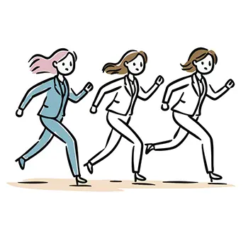 パンツスーツ姿の3人のビジネスウーマンが、キャリア競争かのように真剣な表情で並んで走っているフリーイラスト。