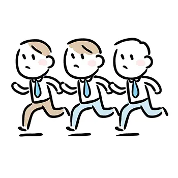 シャツとネクタイ姿のデフォルメされたビジネスマン3人が、チーム全員で緊急事態かのように慌てて走っているフリーイラスト。