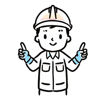 ヘルメットと作業着、手袋を着用した男性作業員が、両手で力強くサムズアップ(いいね!)をして自信に満ちた笑顔を見せているフリーイラスト。