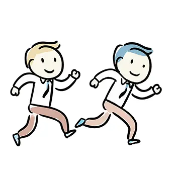 シャツとネクタイ姿のデフォルメされたビジネスマン2人が、同僚(仲間)と楽しそうに笑顔で並んで走っているフリーイラスト。
