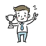 トロフィーを持ちピースするシャツ姿の男性の無料イラスト | 達成・フリー素材