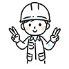 ヘルメットと作業着姿の男性作業員が、両手でピースサイン（Vサイン）を作り、元気な笑顔を見せている線画風のフリーイラスト。