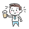 シャツとネクタイ姿のビジネスマンが、飲み会でビールジョッキを高く掲げ、嬉しそうな笑顔で乾杯しているフリーイラスト。