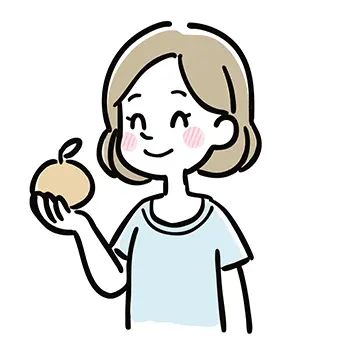 笑顔で果物（梨またはりんご）を手に持つ女性の無料イラスト。