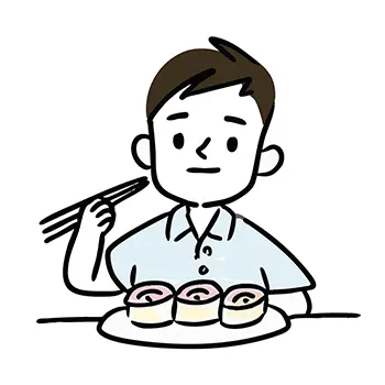 箸で巻き寿司を食べようとしている男性の人物イラスト。