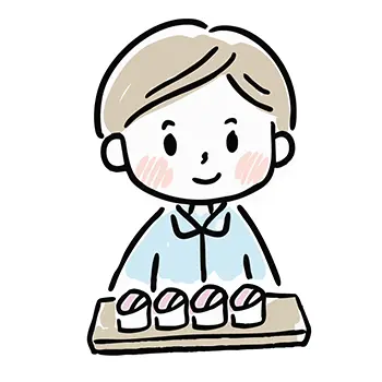 目の前ににぎり寿司が並べられた、男性（男の子）の人物イラスト。